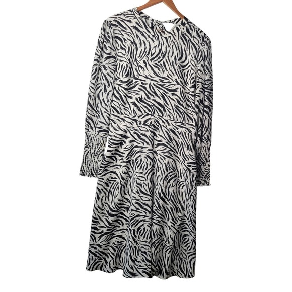 Zebra Print Midi Dress Long Smocked Sleeves Pockets Y2K Trendy Career Work Sz M - Picture 16 of 16